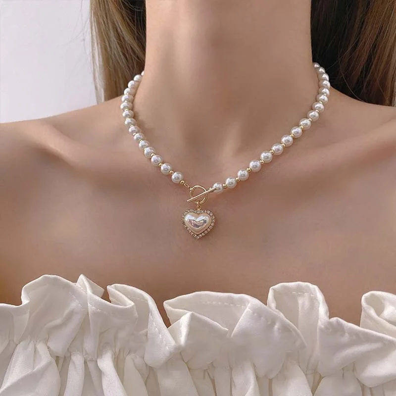 Pearl Choker Necklace Vintage - 新しいヴィンテージ風イミテーションパールチョーカーネックレス、女性用シンプルOTバックルハートペンダント鎖骨チェーンネックジュエリー