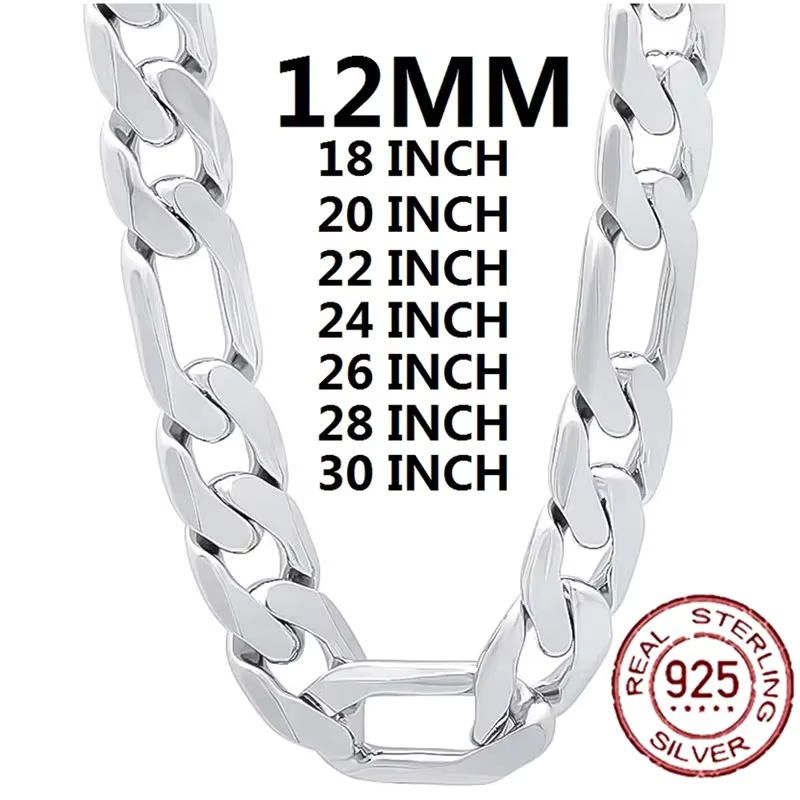Cuban Link Chain 12Mm - 925スターリングシルバー製、男性用クラシックな12mmキューバチェーンネックレス。長さは18～30インチ。高品質で、ファッション性の高いジュエリー。結婚式にも最適。